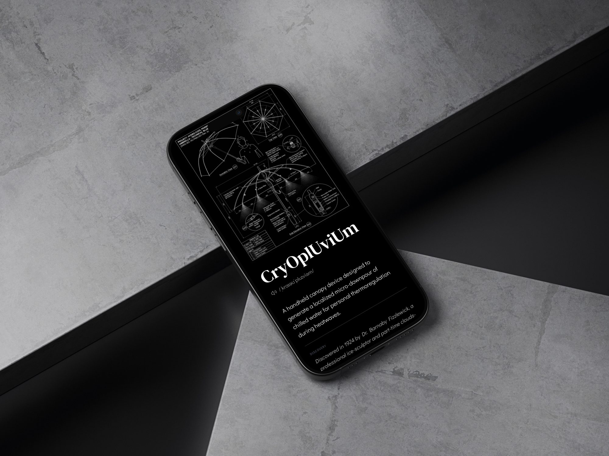 A Wurdle result on a phone: 'CryOpluvium', an invented scientific phenomenon for a hydro-cool umbrella, laid out as a black technical spec sheet with a diagram and etymology.
