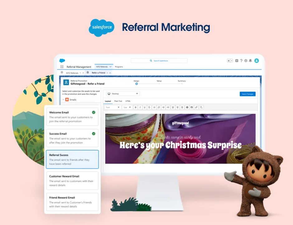 The Salesforce Referral Marketing platform: a campaign builder editing a &lsquo;Refer a Friend&rsquo; promotion with a list of referral emails and a festive banner.