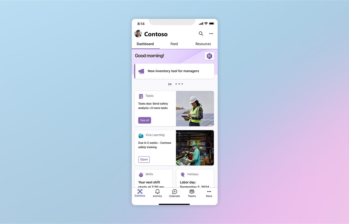The Viva Connections app on a phone: a Contoso dashboard with task cards, Viva Learning, and shift information.